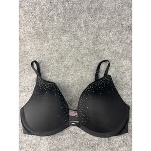 Victoria's Secret Push-Up Bra Womens 32D Black Rhinestone Studded Pigeonnant